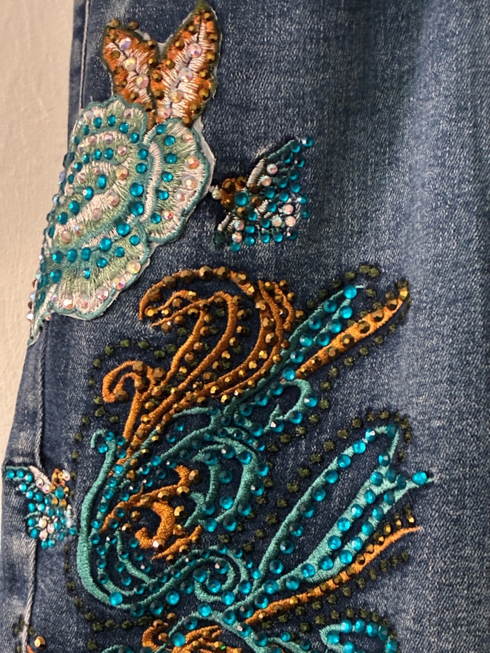 Juliette Embellished Dark Blue Jeans with Teal & Bronze Floral Detail - Picture 9 of 11